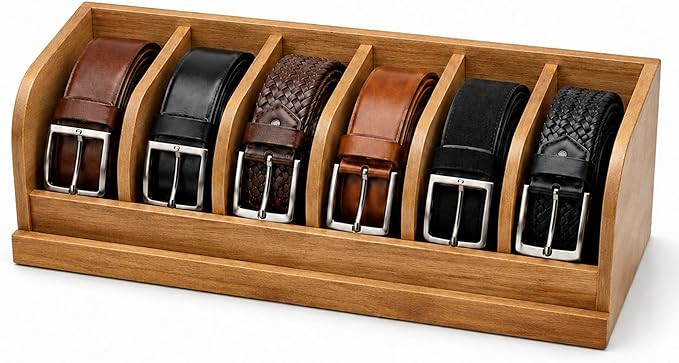 MinBoo Acacia Wood Belt Organizer Box,6 Grids Belt Rack for Closet and Drawer, Belt Storage Organ... | Amazon (US)
