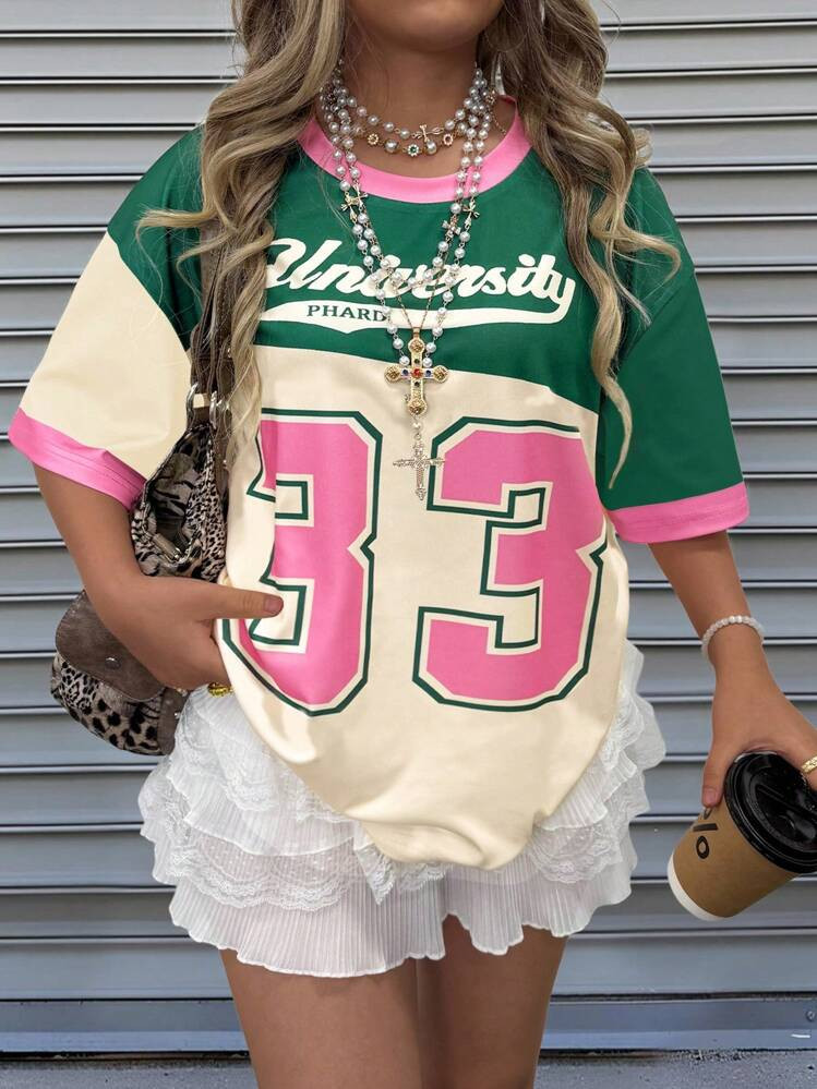 INAWLY Women's Contrast Trim Letter Print Casual Versatile Round Neck Short Sleeve T-Shirt, Summe... | SHEIN