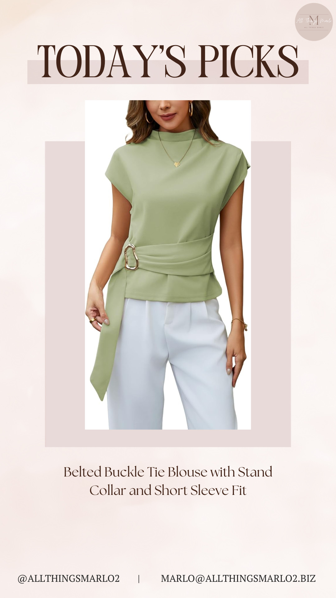 Belted Buckle Tie Blouse with Stand Collar and Short Sleeve Fit 

 #LTKSeasonal #LTKWorkwear #LTKTravel