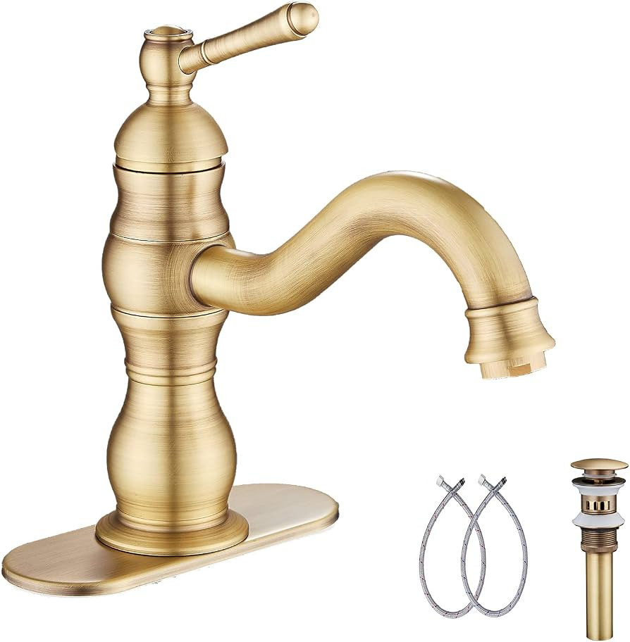 GGStudy Single Handle One Hole Antique Brass Bathroom Sink Faucet Matching Pop Up Drain with Over... | Amazon (CA)