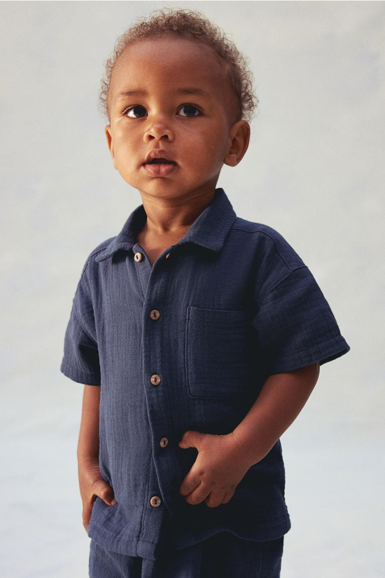 Cotton Muslin Shirt - Short sleeve - Regular length - Navy blue - Kids | H&M US | H&M (US + CA)