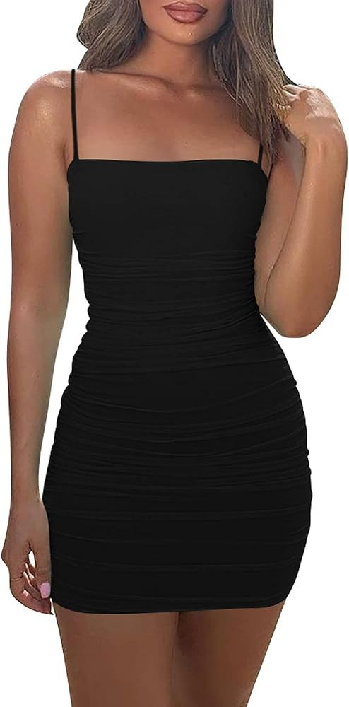 Mizoci Women's Sexy Sleeveless Ruched Spaghetti Strap Bodycon Mini Club Party Dress | Amazon (US)