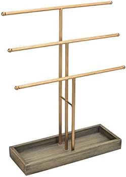 MyGift 3-Tier Vintage Gold Tone Jewelry Hanging Rack with Gray Wood Ring Tray | Amazon (US)