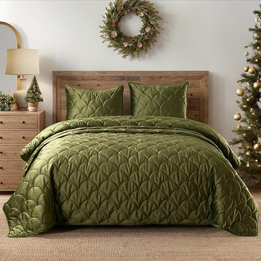 HORIMOTE HOME Velvet Quilt Set King Size, Olive Green Luxury Velvet Comforter Set 3 Pieces Soft W... | Amazon (US)