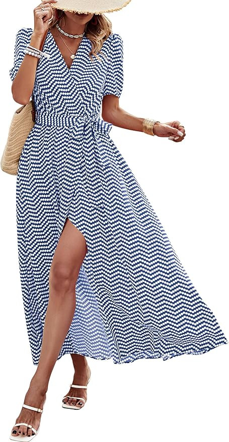 PRETTYGARDEN Women's Boho Floral Maxi Dress Summer Short Sleeve Wrap V Neck Long Flowy Beach Vaca... | Amazon (US)