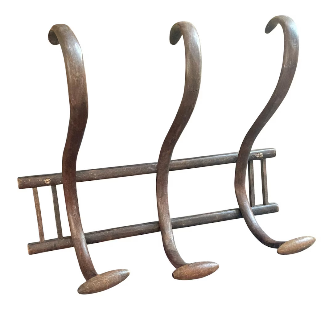 Antique Bentwood Thonet Style Wooden Wall Mounted 3 Hook Hat Coat Rack Hallway Entryway | Etsy (US)
