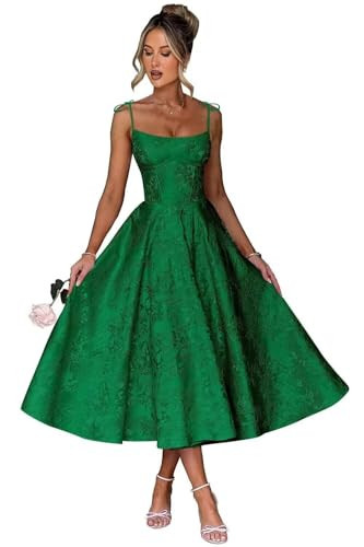 Tea Length Square Neck Satin Cocktail Dresses Emerald Green for Women Spaghetti Straps Jacquard Pleated Corset Party Evening Princess Dress US14 | Amazon (US)