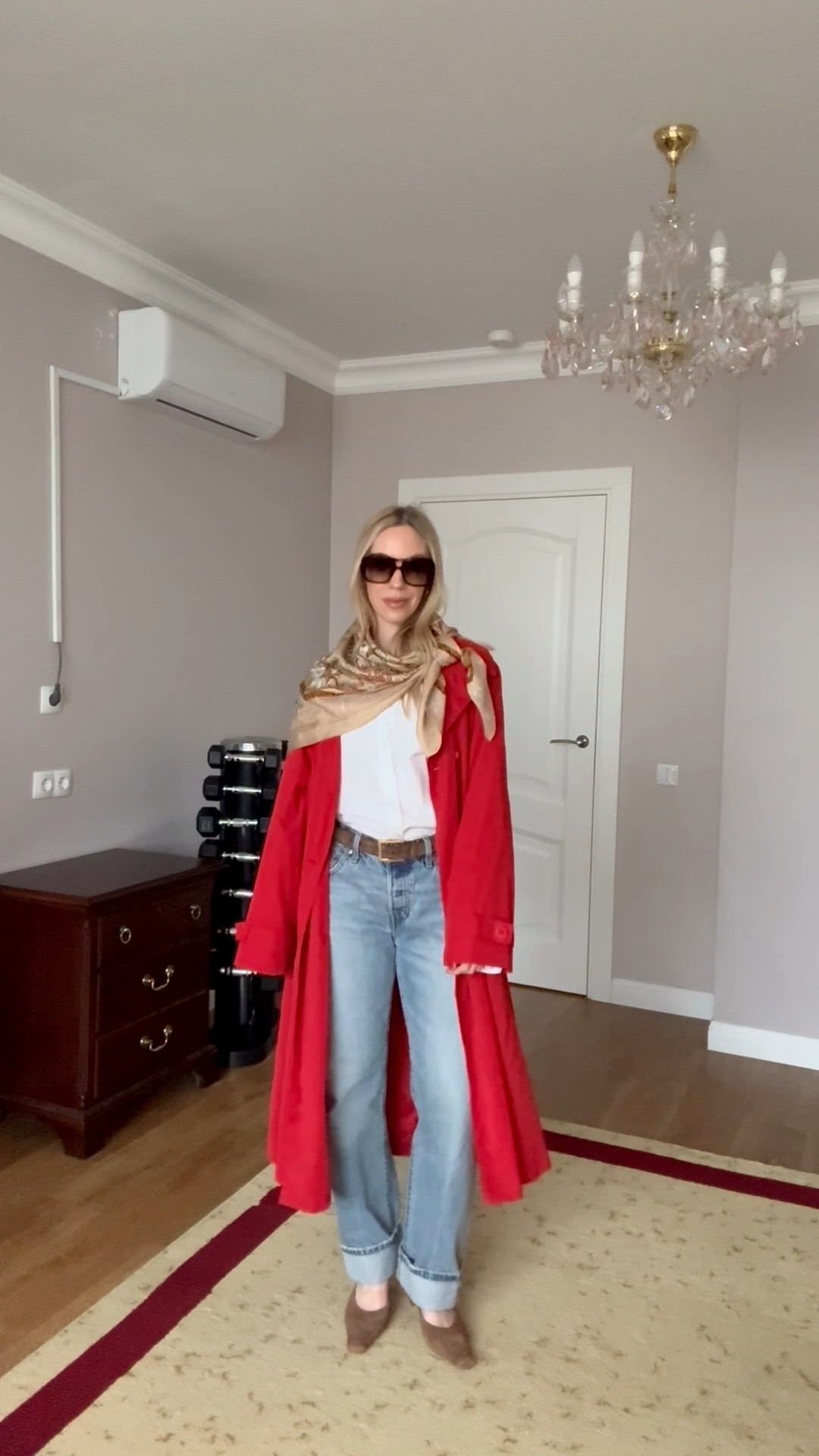 Spring outfit, red trench coat, silk scarf, white button down shirt, Levi’s baggy 90’s jeans, H&M suede mules (these are so good and under $85!)

#LTKSeasonal #LTKSaleAlert #LTKootd