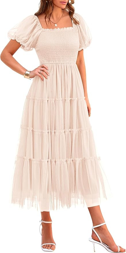 PRETTYGARDEN Women's Smocked Midi Tulle Dress 2026 Summer Puffy Short Sleeve Square Neck Ruffle W... | Amazon (US)
