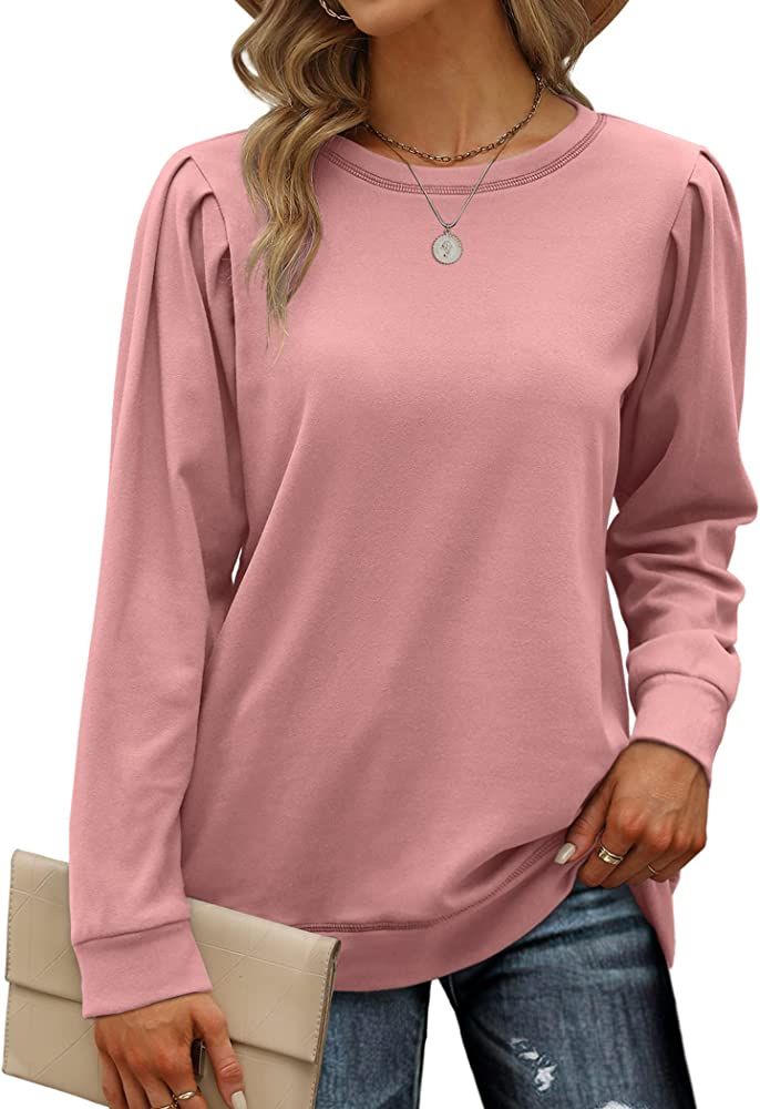 Geifa Sweatshirts for Women Crewneck Puff Sleeve Tunic Tops Lightweight Sweaters | Amazon (US)