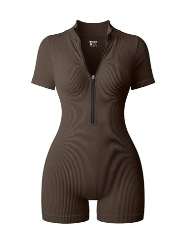 OQQ Women Rompers Ribbed Short Sleeve Zip Front Stretch Tummy Control Yoga Workout Rompers Darkbrown | Amazon (US)