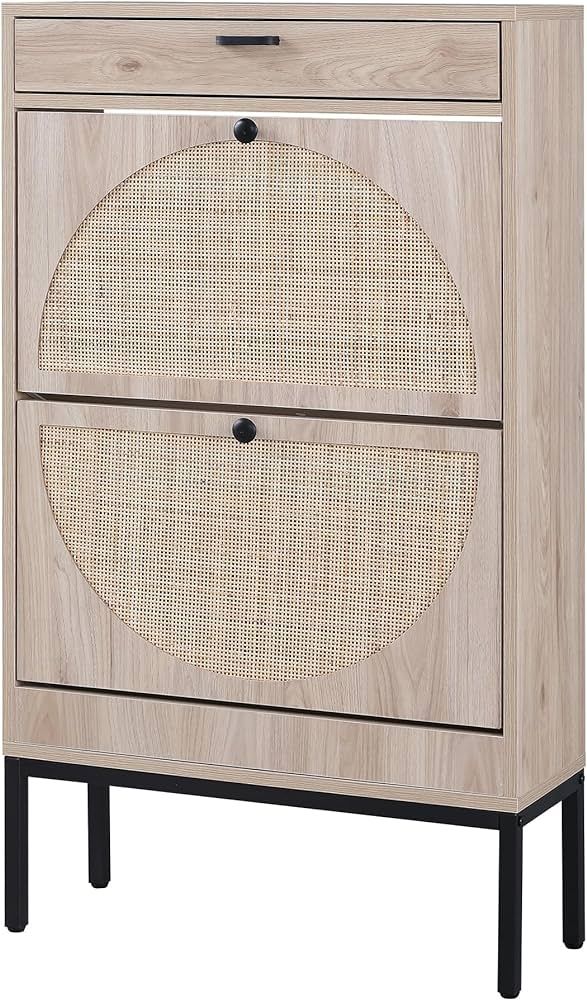 XIAO WEI Shoe Cabinet, Natural Semi Circle Rattan Shoe Storage Organizer Cabinet with 2 Flip Drawers, Freestanding Shoe Rack with Adjustable Shelf for Entryway | Amazon (US)