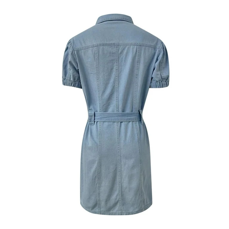 Lovskoo 2024 Women's Denim Shirt Dress Collar Short Sleeve Belted Button Up Jean Dresses Light Bl... | Walmart (US)
