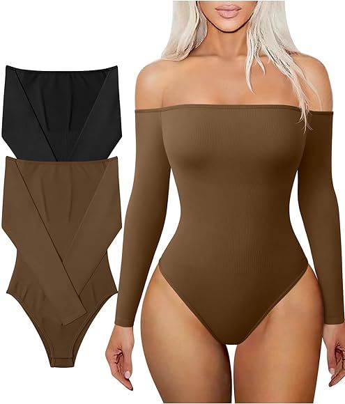 TOB Women's 2 Piece Bodysuits Sexy Ribbed One Neck Long Sleeve Tops Yoga Bodysuits | Amazon (US)