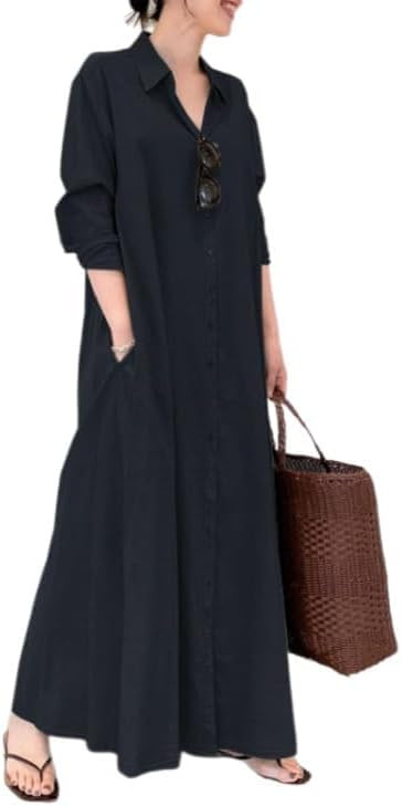 Bengbobar Women's Cotton Linen Dress for Women Long Sleeve Button Down Casual Waist V Neck Ruffle... | Amazon (US)