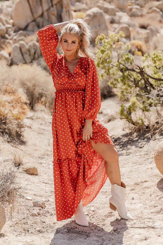 Gather Your Thoughts Rust Polka Dot Smocked Waist Maxi Dress | Pink Lily