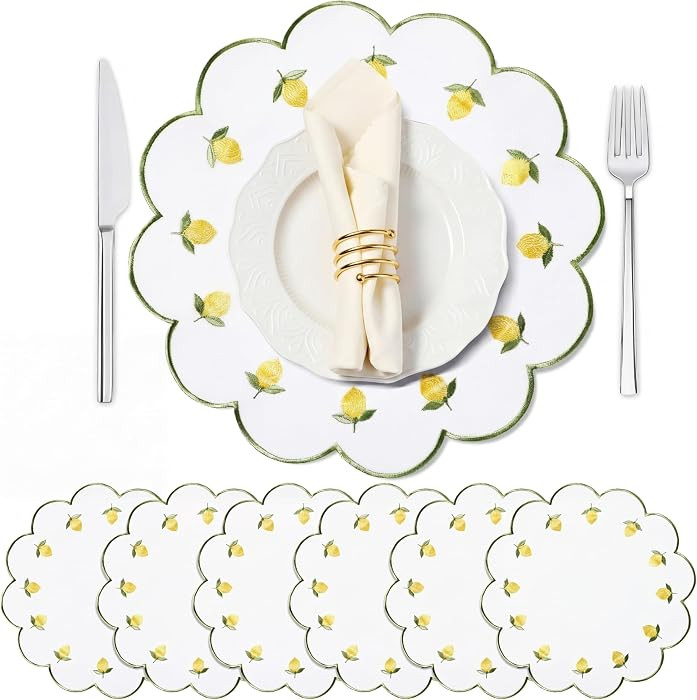 Qinyoung 6 Pieces Lemon Placemats 13.8 Inch Scalloped Embroidery placemats Fabric Linen Cotton ma... | Amazon (US)