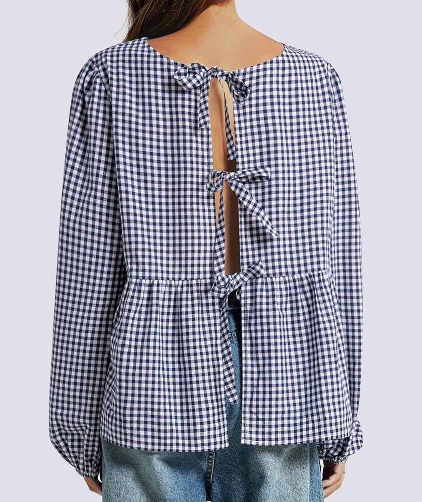 Tie Front Tops for Women Puff Long Sleeve Shirt Peplum Hem Cute Babydoll Blouse Y2k Going Out Top... | Amazon (US)