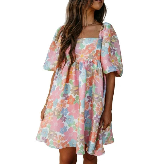 Women's Pink Summer Floral Square Neck Puff Sleeve Babydoll Dress | Walmart (US)