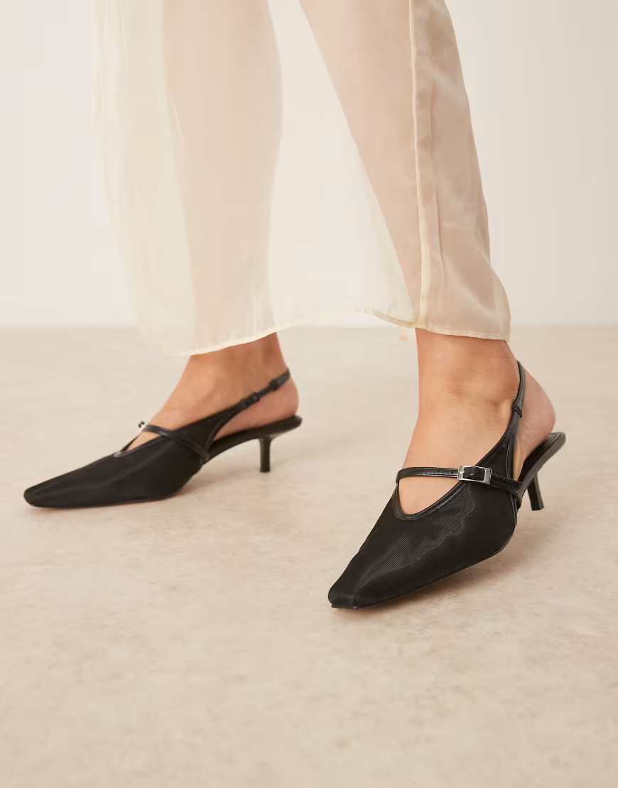 Mango square sling back kitten heels with buckle detail in black | ASOS (Global)