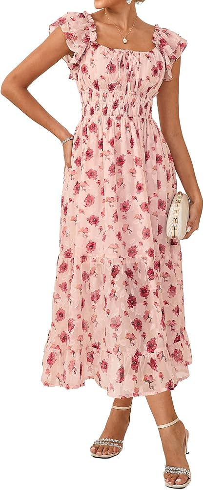 GRACE KARIN 2026 Women's Spring Floral Midi Dress Square Neck Beach Wedding Guest Dresses Flowy A... | Amazon (US)