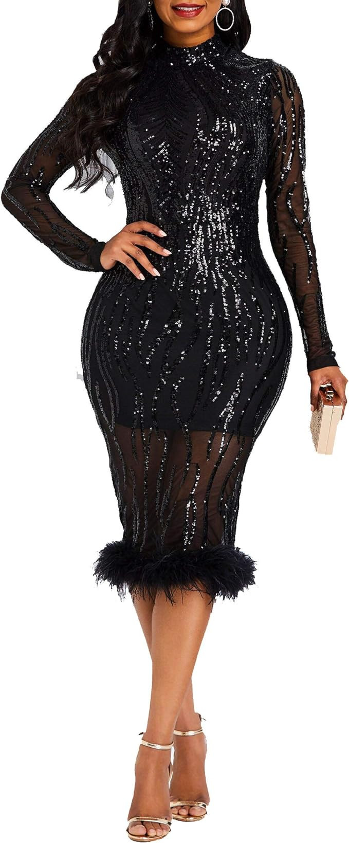 VERWIN Sequins Patchwork Bodycon Dress Women's Long Sleeve Dress Elegant Dress Plume Maxi Dress P... | Amazon (US)