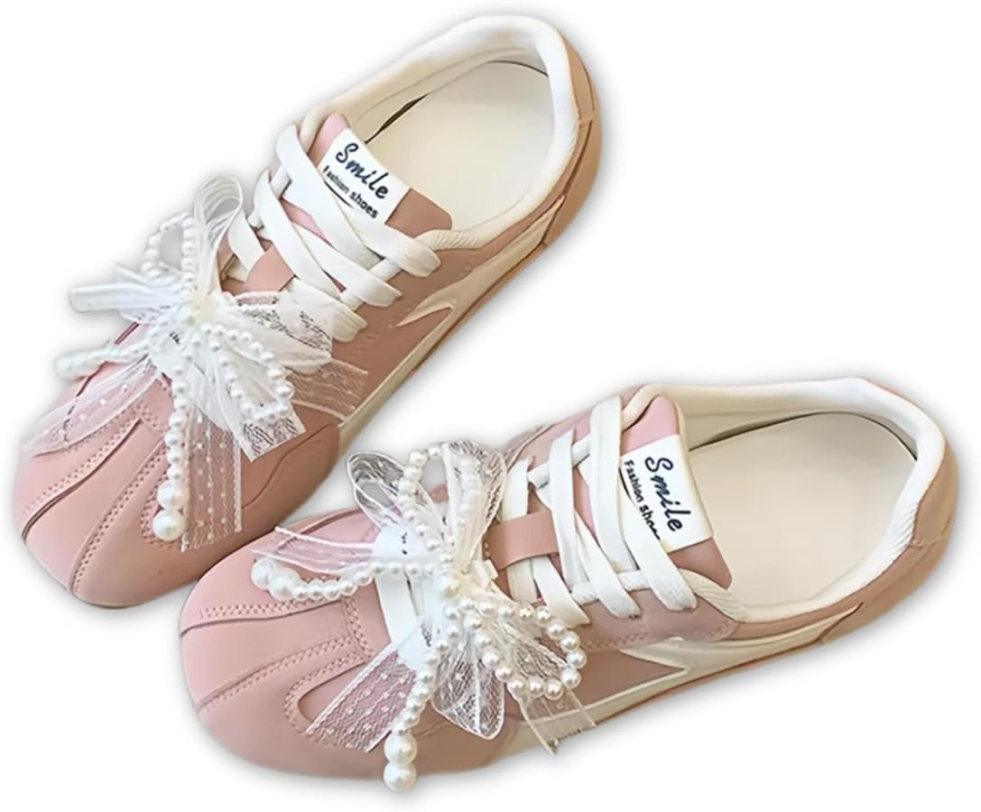 Women Cute Sneakers, Lace Bow Pearl Charm Ballet Aesthetic Retro Trainers Students Girls Comfy Ca... | Amazon (US)