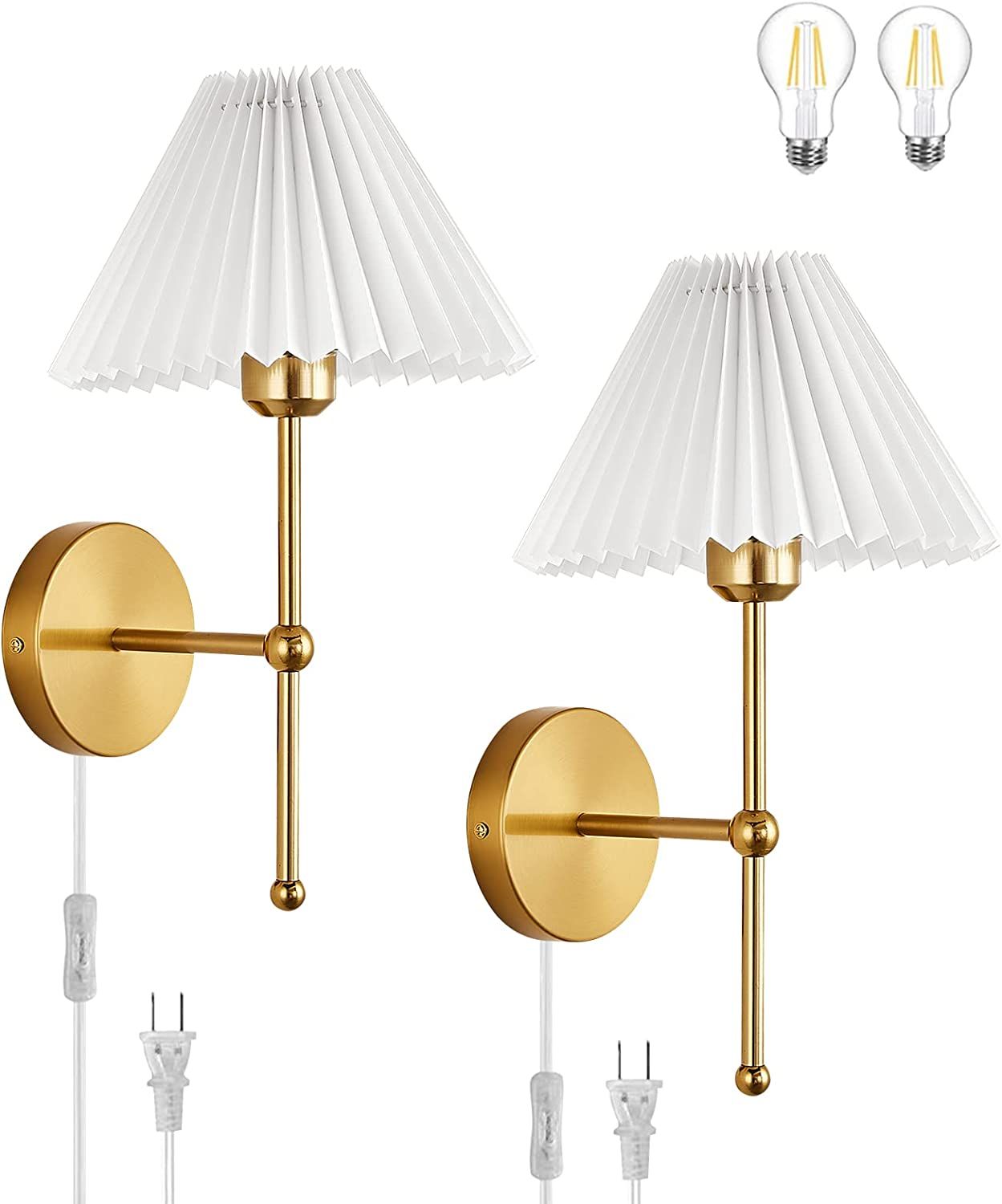Eyooer Gold Plug in Wall Sconces Lighting Fixture Set of Two, Bedside Wall Mounted Reading Lamp w... | Amazon (US)