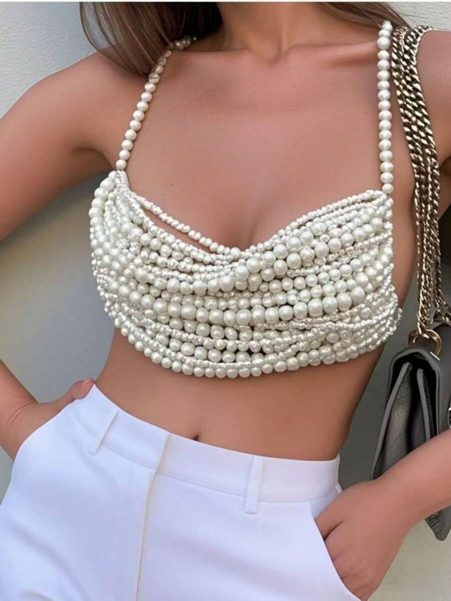 DEKUNER 1Pc High Quality Luxury Layered Pearl Women's Camisole Top Hand Knotted Fashion Sexy Pear... | SHEIN