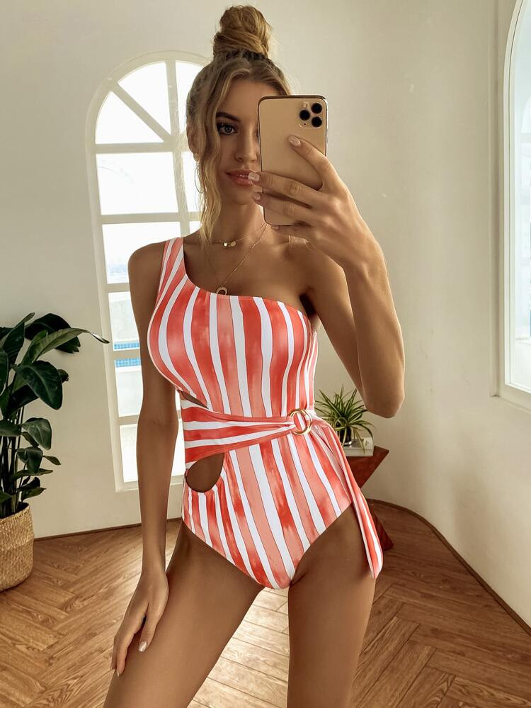 Striped One Shoulder One Piece Swimsuit | SHEIN