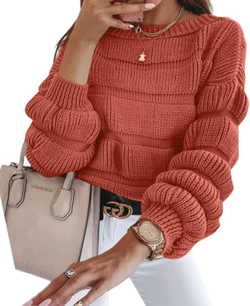 Women's 2023 Fall Sweaters Casual Crew Neck Pullover Long Puff Sleeve Loose Plain Chunky Knit Cut... | Amazon (US)
