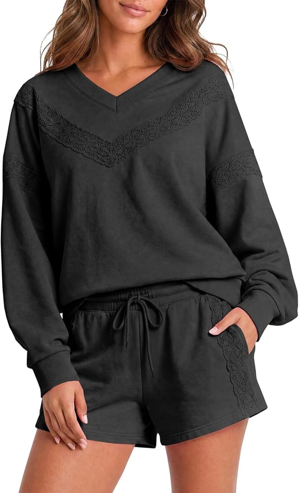 Fisoew Womens 2 Piece Outfits Short Sets Lace V Neck Long Sleeve Sweatshirts Casual Shorts Sweats... | Amazon (US)