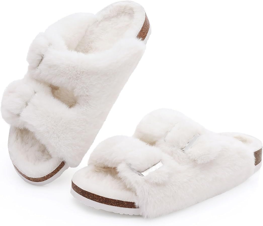 Kidmi Fuzzy Slippers Women with Cork Footbed Fluffy Slide Sandals Open Toe Indoor House Shoes | A... | Amazon (US)