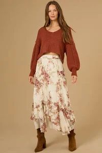 Isabella Floral Midi Skirt in Ivory & Mauve | Altar'd State | Altar'd State