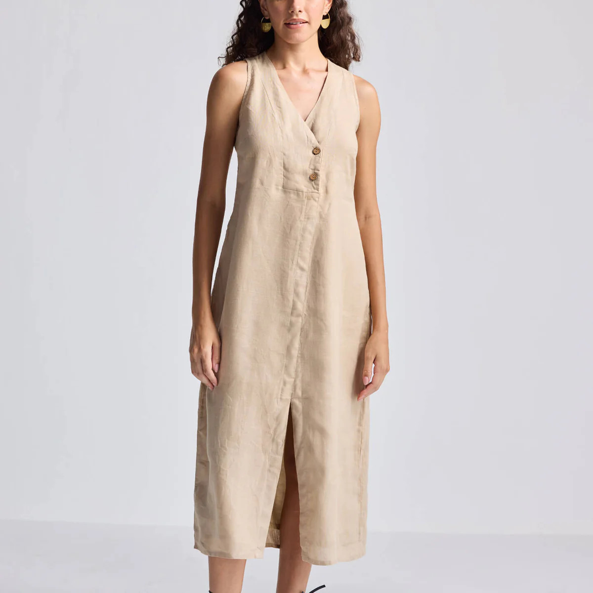 Straight Dress with Front Slit in Neutral Beige Hemp | Reistor