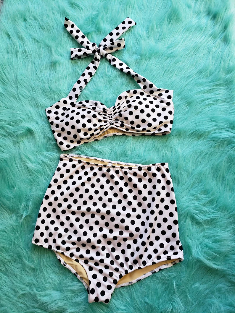 Red Dolly White & black polka dots retro pin up high waist bikini two piece swimsuit S-XL Made to... | Etsy (US)