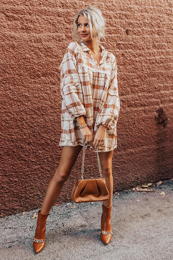 Soho Sweetness Plaid Babydoll Dress in Camel | Impressions Online Boutique