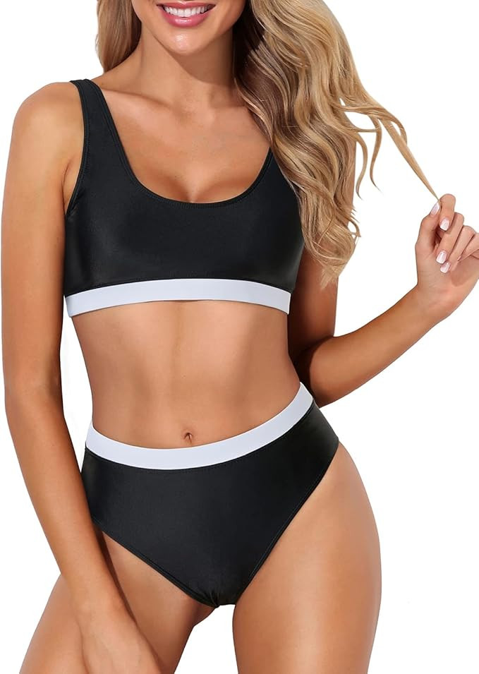 Tempt Me Women Two Piece Scoop Neck Bikini Crop Top High Cut Swimsuit Sporty High Waisted Bathing... | Amazon (US)