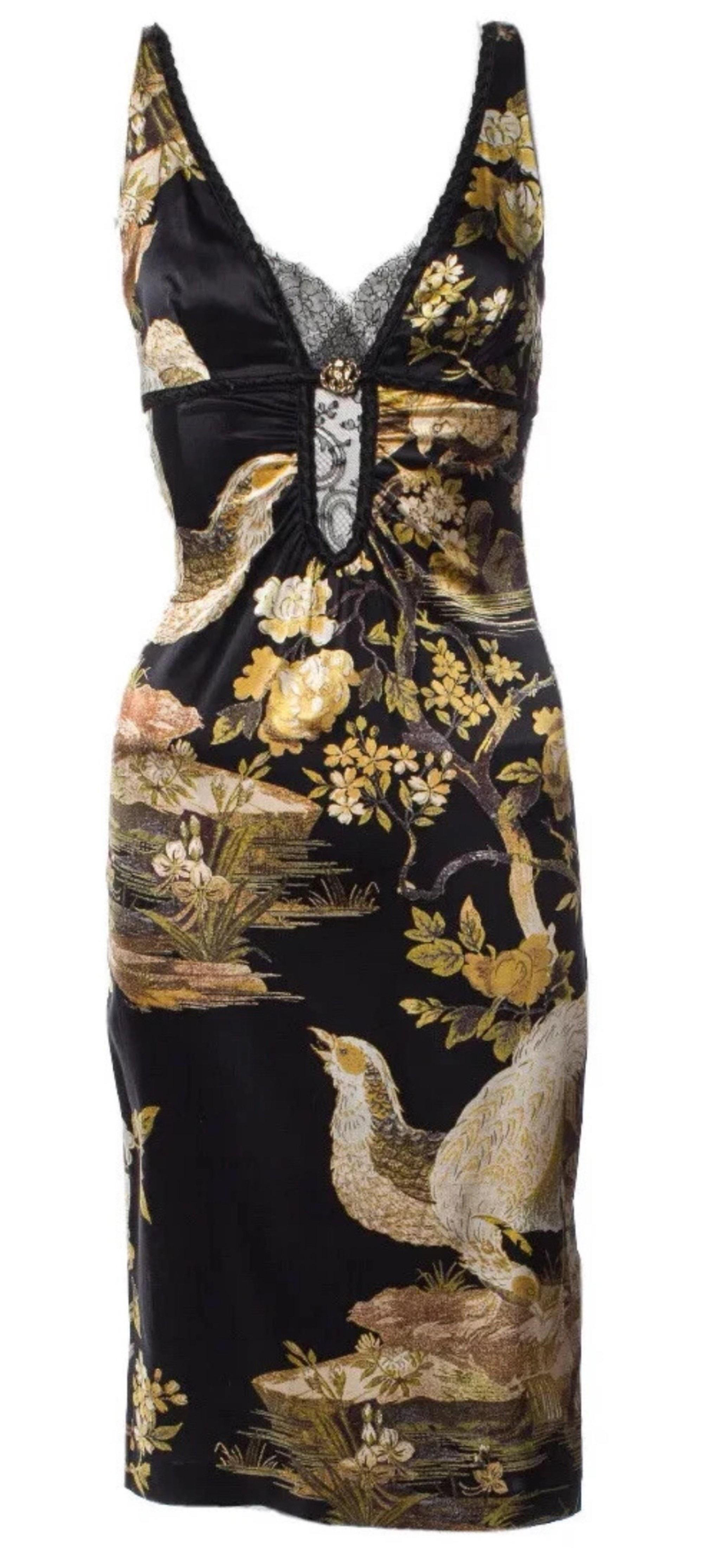 ROBERTO CAVALLI F/W 2006 Runway Bird & Floral Print Stretch Silk Midi Dress | 1stDibs