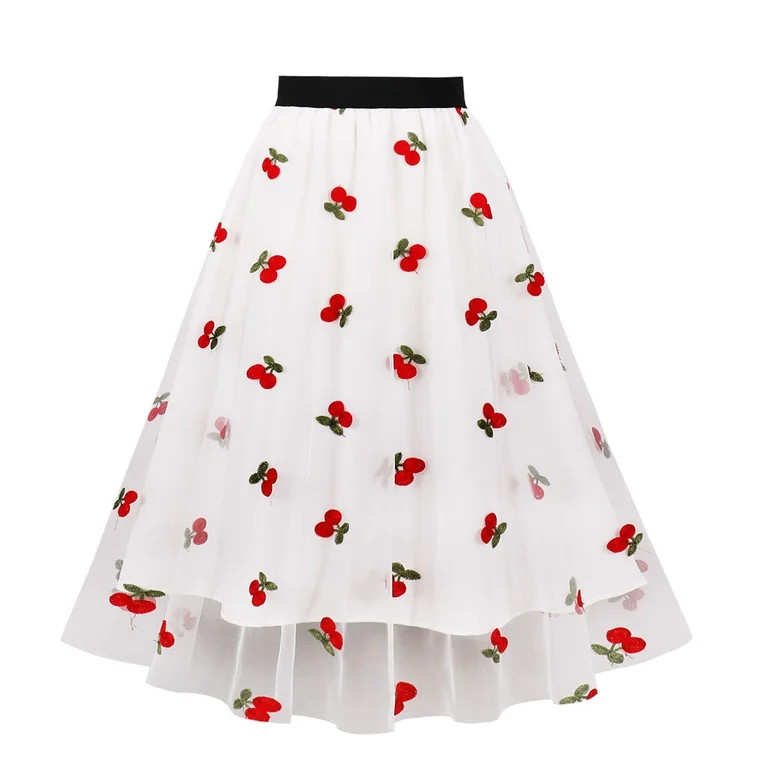 felwors Women's Cherry Embroidery Tulle Midi Skirt - High Waisted Flared A-Line Skirt for Party, ... | Walmart (US)