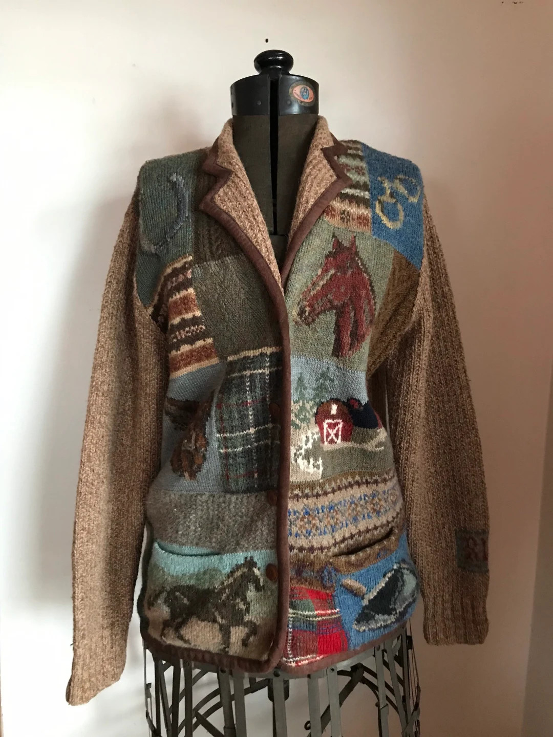 Vintage Ralph Lauren Hand Knit Sweater Coat Patchwork Cardigan Polo Village Equestrian Sampler - ... | Etsy (US)