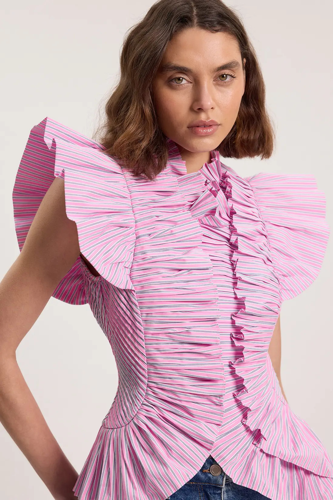Pleated Stripe Ruffle Sleeve Woven Top | Karen Millen