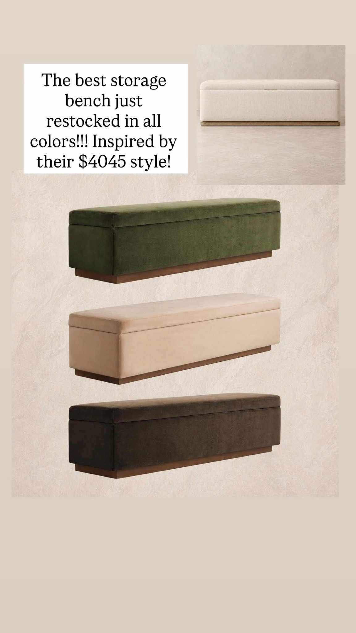 The best storage bench just restocked in all colors!!! Inspired by their $4045 style!