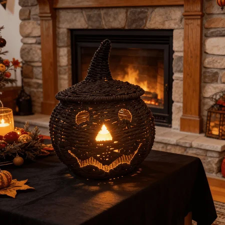 2026 Halloween Black Woven Seagrass Pumpkin Storage Basket with Lid, Fall Indoor Home Decorations for Halloween Party Home Halloween Decor, 10.2 inch | Walmart (US)