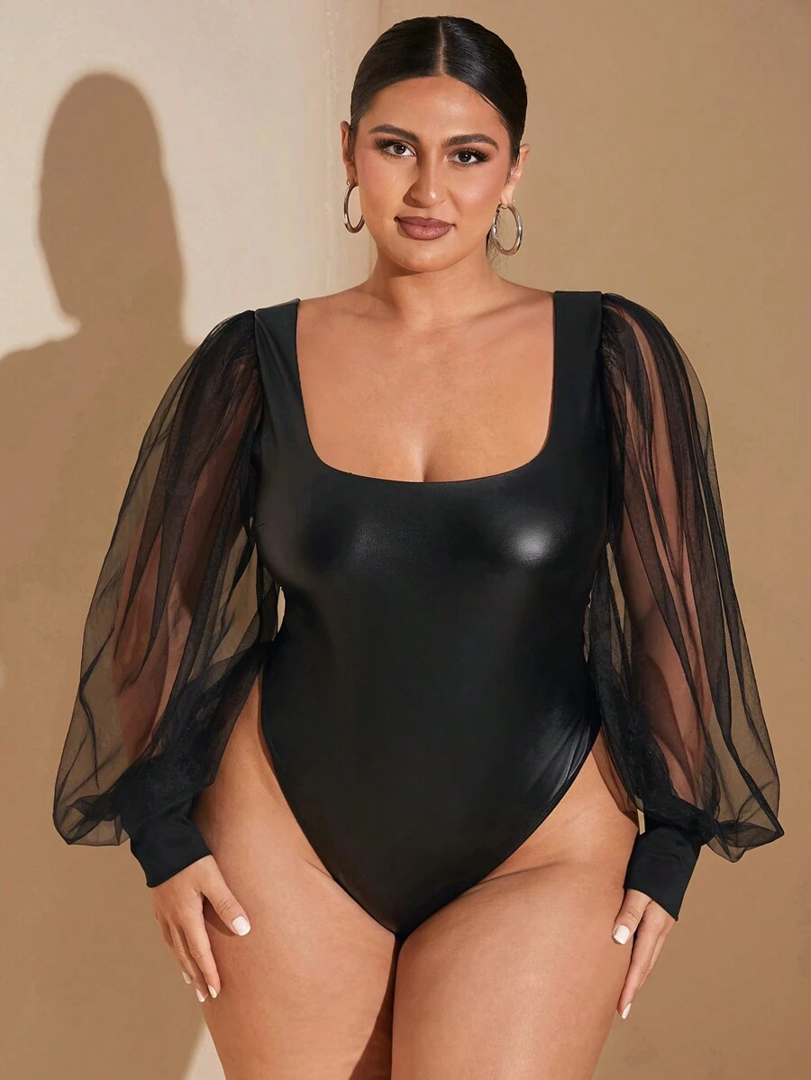 SHEIN BAE Plus Size Women's Fall/Winter Mesh Contrast Sheer Sleeve Crew Neck Black Elastic PU One... | SHEIN