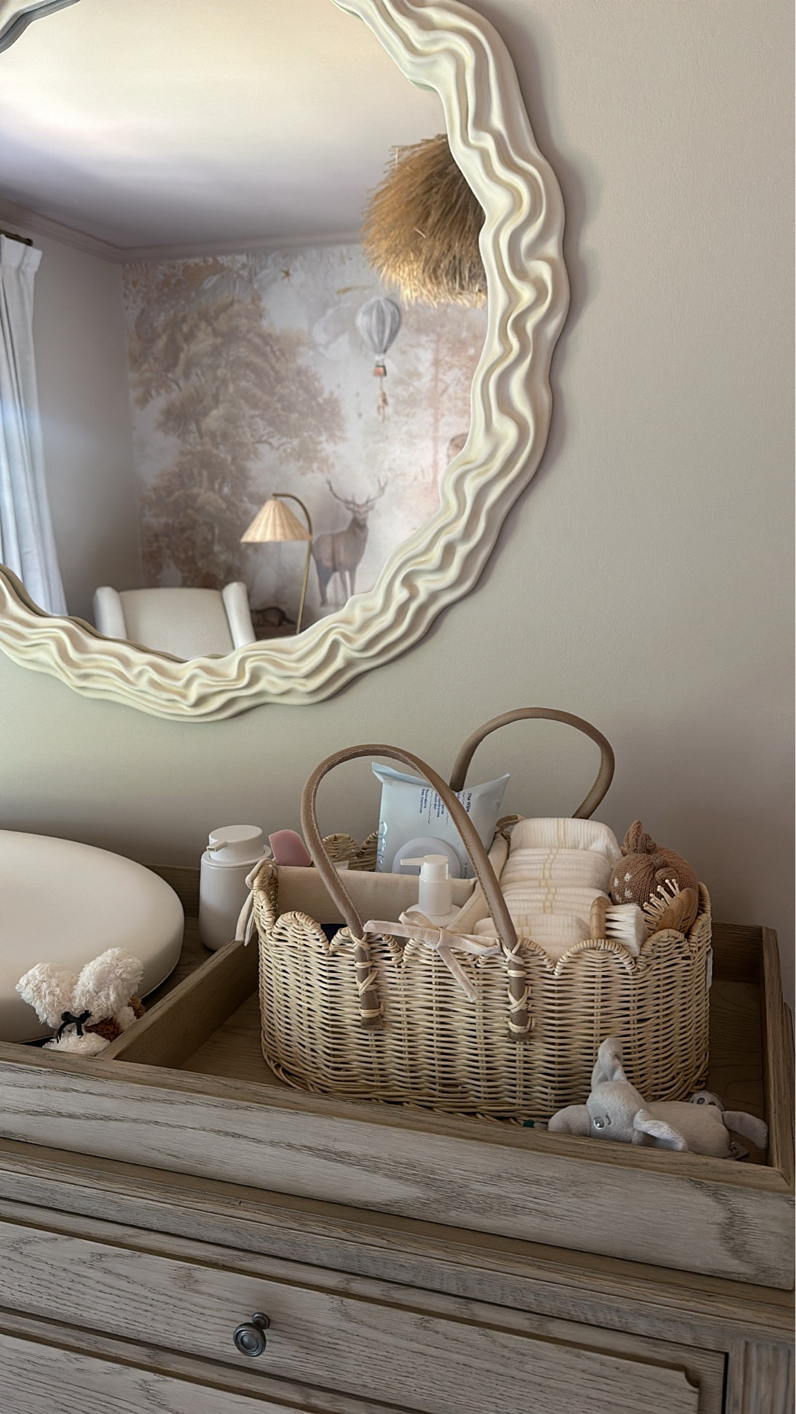 Nursery decor 
Nesting 
Dresser is from restoration hardware 
Diaper caddy 

#LTKHome #LTKBump #LTKBaby