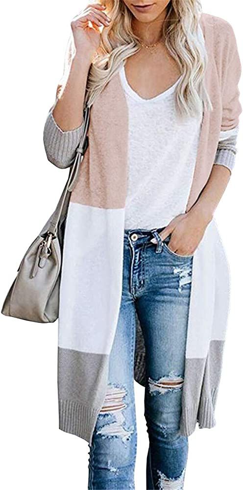 KIRUNDO Women’s Open Front Cardigan Striped Color Block Long Sleeve Lightweight Fall Long Knit Cardi | Amazon (US)