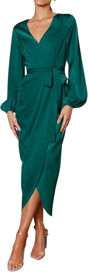 PRETTYGARDEN Women's Maxi Satin Dress Puff Sleeve Wrap V Neck Ruched Belted Long Formal Cocktail ... | Amazon (US)