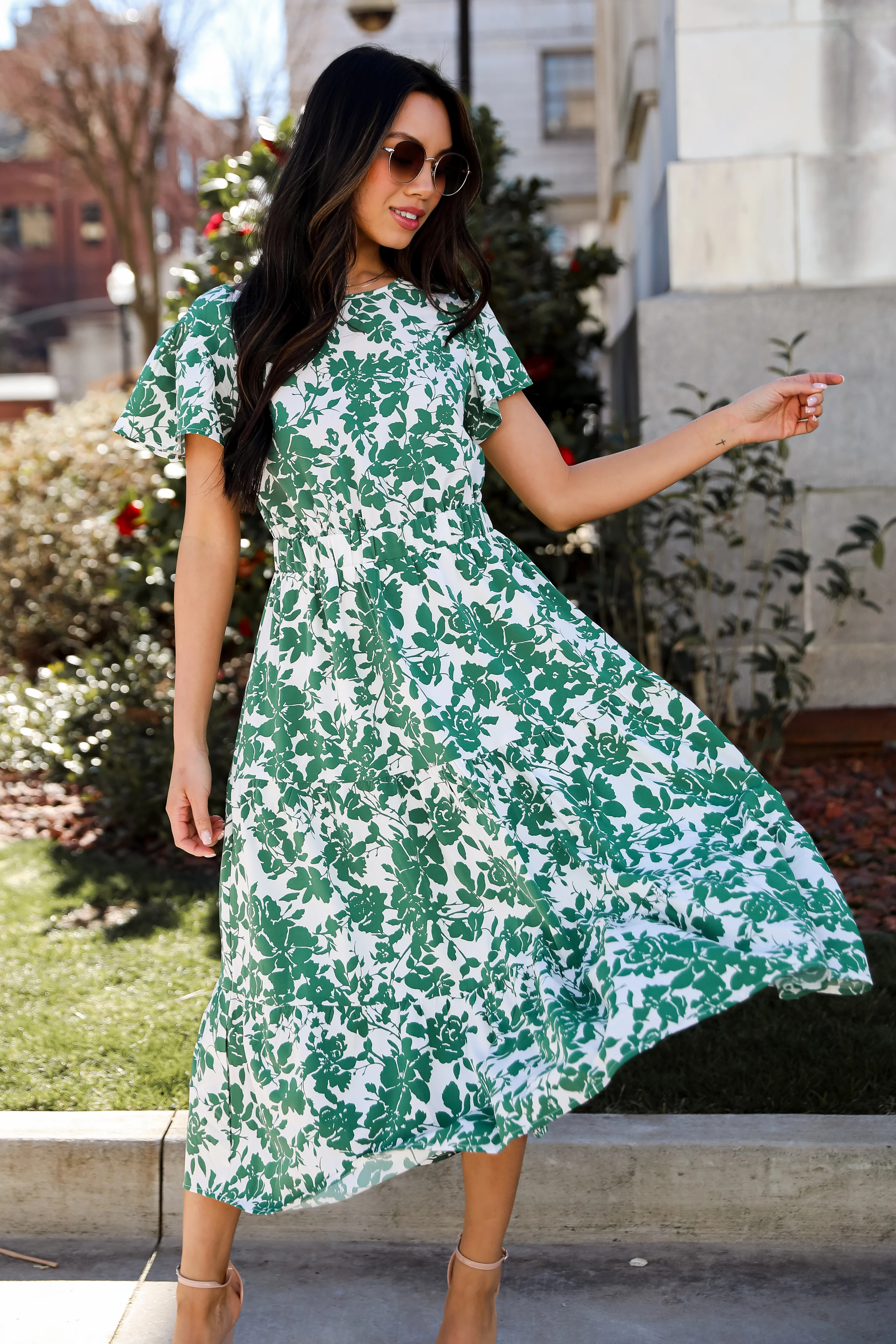 Island Sunsets Green Floral Midi Dress | Dress Up
