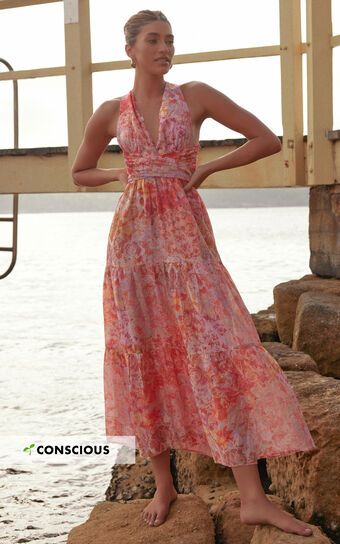 Amalie The Label - Monte Plunge Neck Tie Back Tiered Maxi Dress in Morocco Print | Showpo (US, UK & Europe)
